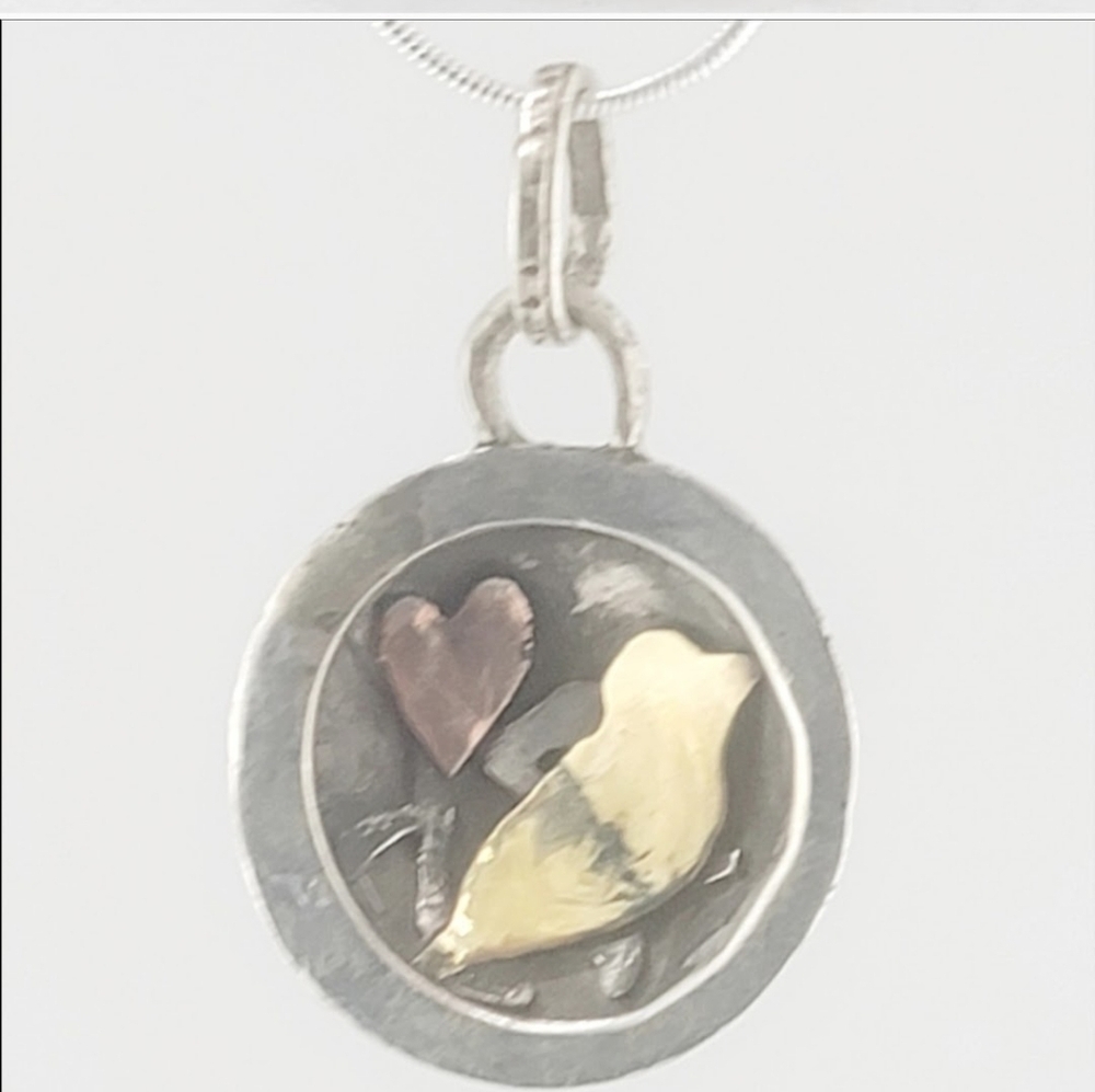 BIRD HEART HOLLOW PENDANT HANDMADE IN STERLING SILVER,COPPER & BRASS METAL - Picture 5 of 6